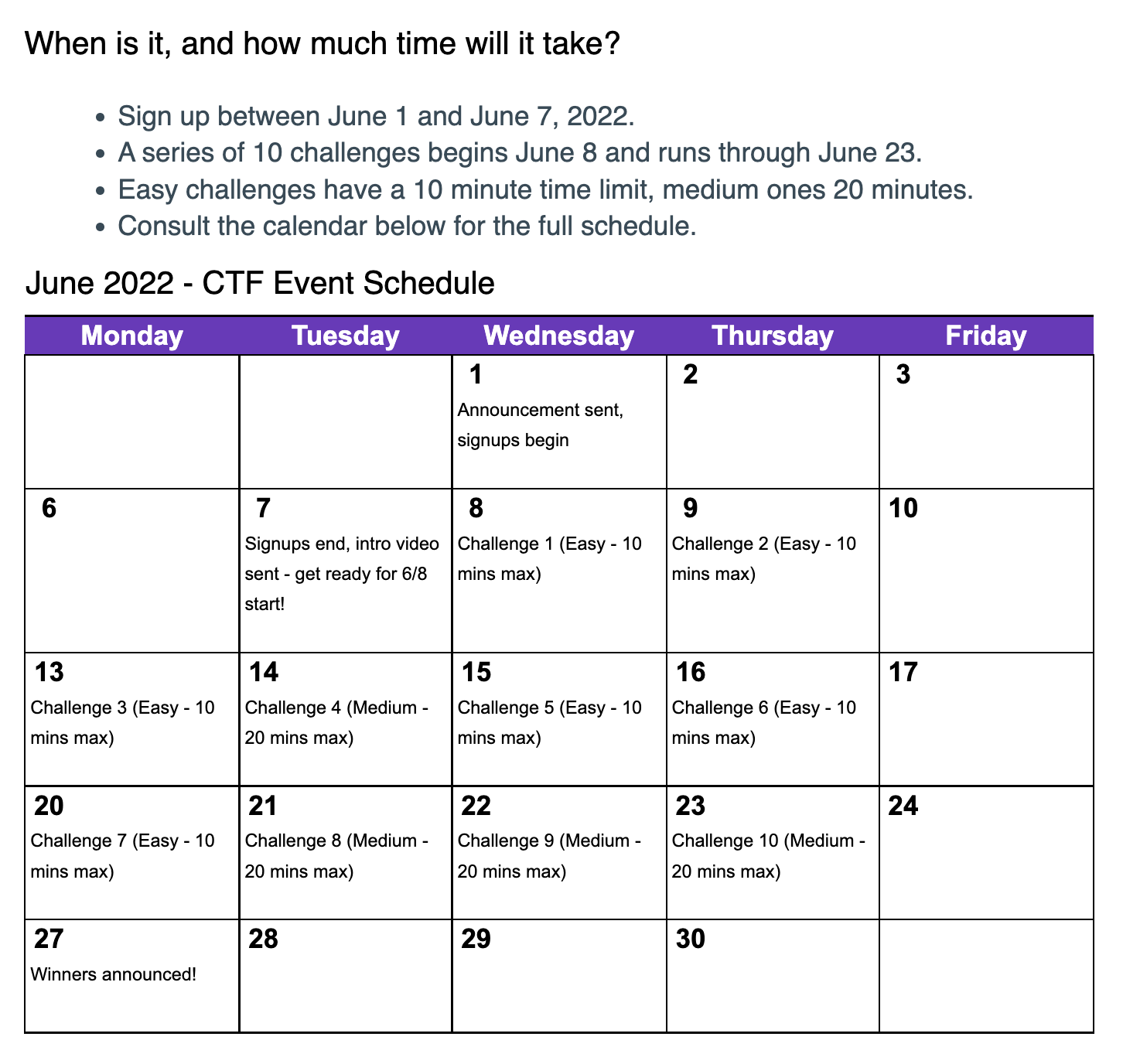 Screenshot of our CTF schedule in a calendar.