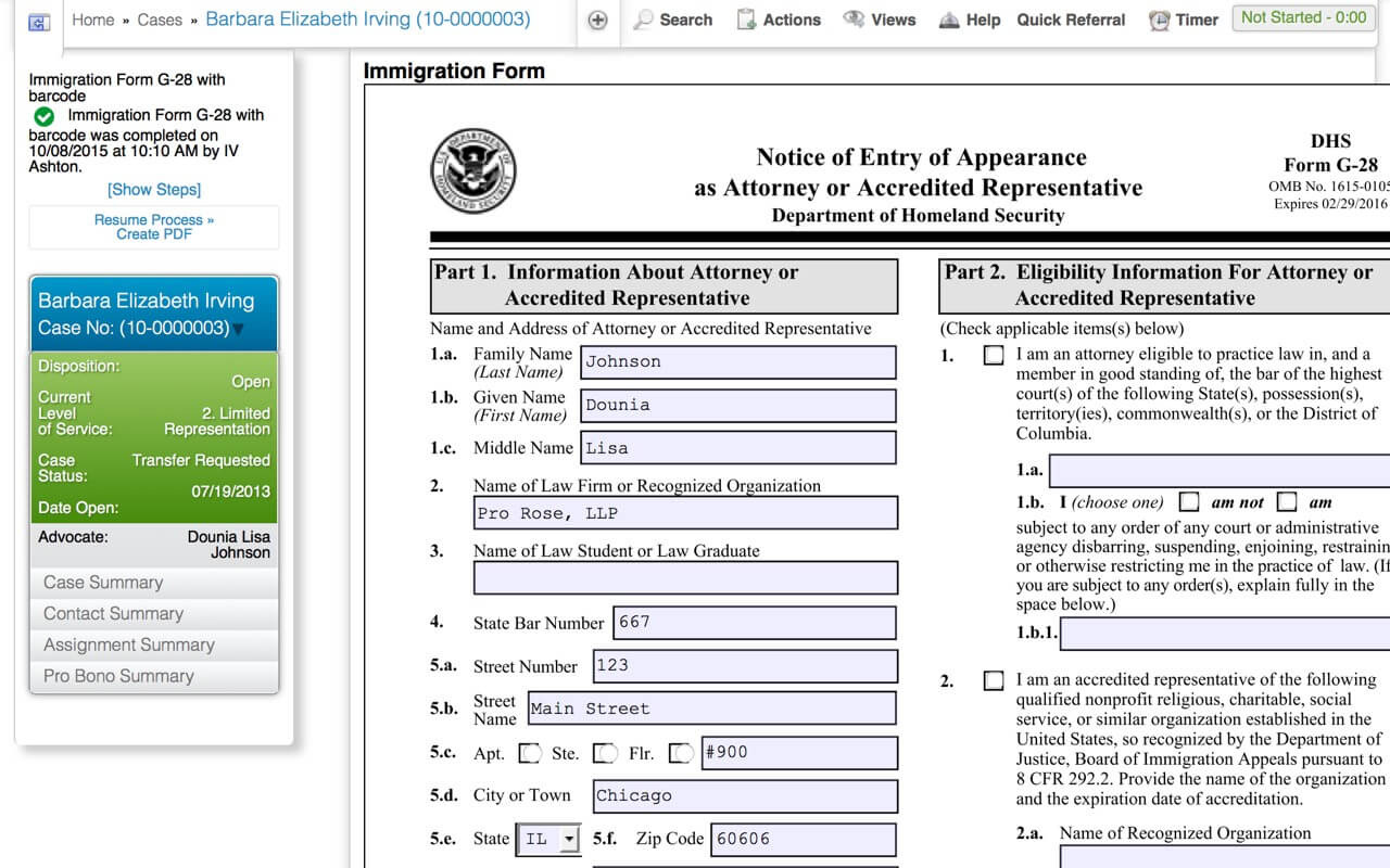Immigration form in the LegalServer software.