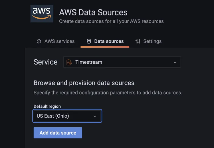 Screenshot of using AWS managed Grafana console to select data source.