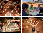 collage of people playing a games on a table.
