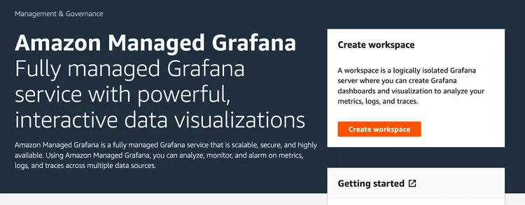 Screenshot of using AWS managed Grafana console to create a workspace.
