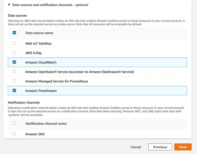 Screenshot of using AWS managed Grafana console to select data source.