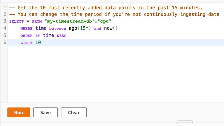 Screenshot of an example Timestream query in the AWS console query editor.