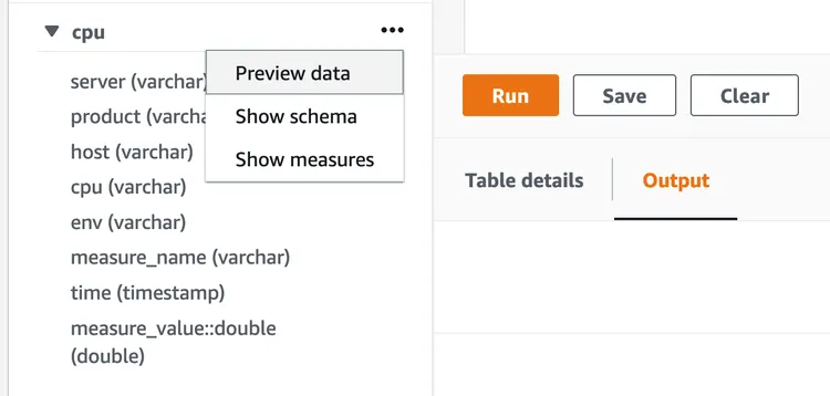 Screenshot of previewing data in the AWS console query editor.